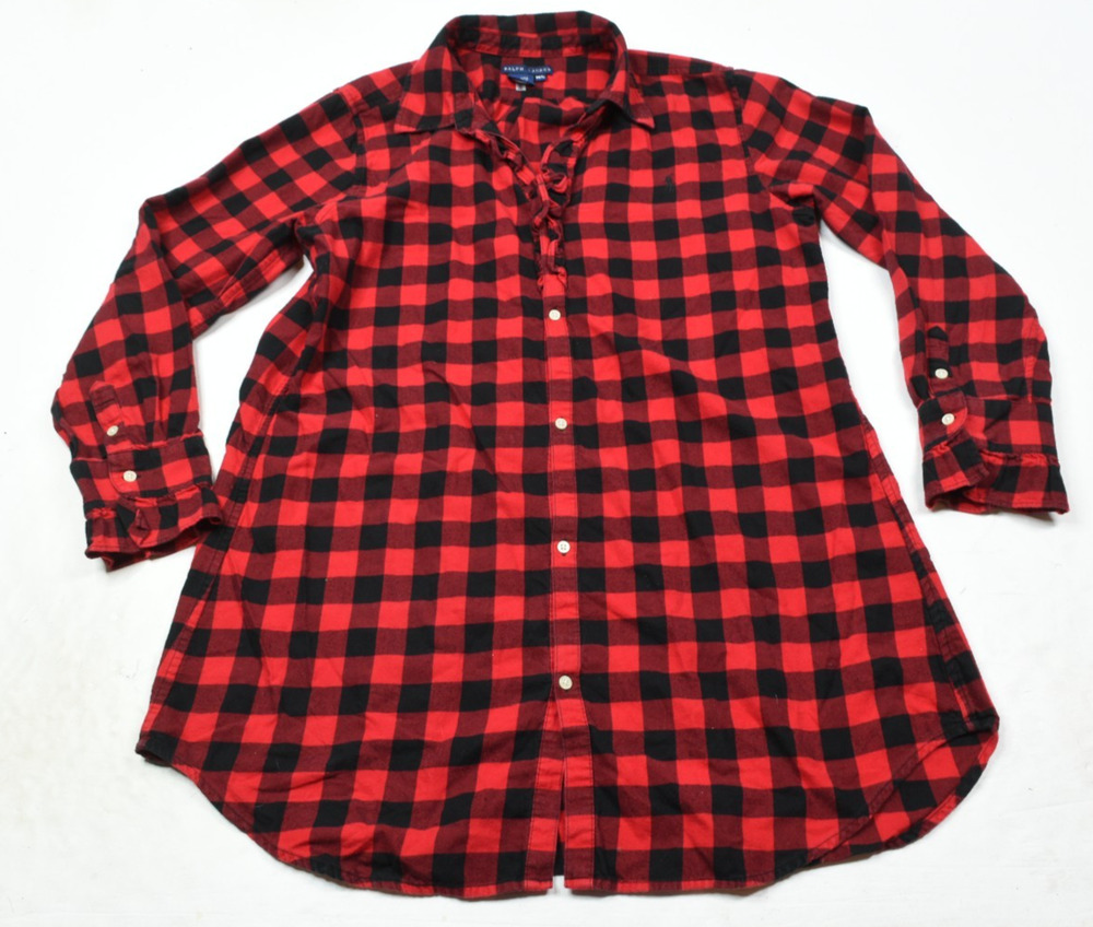 Ralph Lauren Flannel Tunic Shirt Womens M/L Red Black Plaid Long Sleeve Ruffle
